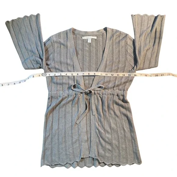 Vintage Gray Ribbed Knit Tie Waist Scalloped Hem Cardigan Sweater Small Y2K 90s - Picture 13 of 16